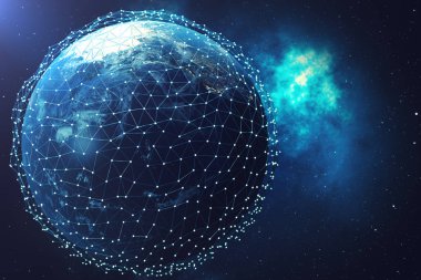 3D render uzayda Dünya gezegeni üzerinde ağ ve veri değişimi. Bağlantı etrafında dünya küre hatları. Çaplı uluslararası Connectivity, Nasa tarafından döşenmiş bu görüntü unsurları