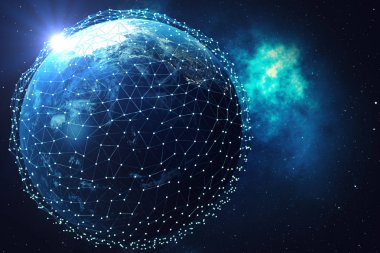 3D render uzayda Dünya gezegeni üzerinde ağ ve veri değişimi. Bağlantı etrafında dünya küre hatları. Mavi güneş doğuyor. Çaplı uluslararası Connectivity, Nasa tarafından döşenmiş bu görüntü unsurları.