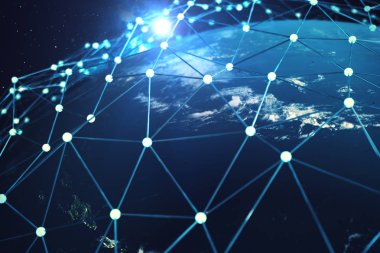 3D render uzayda Dünya gezegeni üzerinde ağ ve veri değişimi. Bağlantı etrafında dünya küre hatları. Mavi güneş doğuyor. Çaplı uluslararası Connectivity, Nasa tarafından döşenmiş bu görüntü unsurları