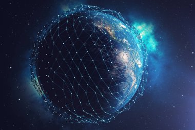 3D render uzayda Dünya gezegeni üzerinde ağ ve veri değişimi. Bağlantı etrafında dünya küre hatları. Çaplı uluslararası Connectivity, Nasa tarafından döşenmiş bu görüntü unsurları