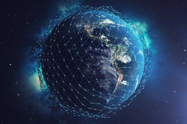 3D render uzayda Dünya gezegeni üzerinde ağ ve veri değişimi. Bağlantı etrafında dünya küre hatları. Çaplı uluslararası Connectivity. Nasa tarafından döşenmiş bu görüntü unsurları.