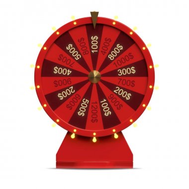 3D illüstrasyon kırmızı şans veya servet çarkı. Gerçekçi servet çıkrık. Beyaz arka plan üzerinde izole tekerlek servet