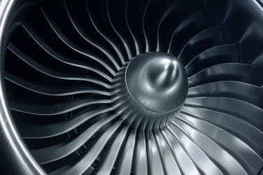 3D render jet motoru, yakından görmek jet alt kanatlar. Mavi renk tonu