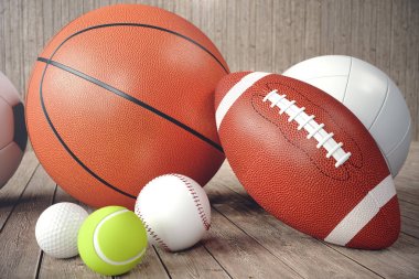 3D render spor topları ahşap backgorund. Spor topları kümesi. Elbiseler ve donatım gibi ABD futbol, basketbol, beyzbol, tenis, golf topu için takım ve bireysel eğlence için oynamak ve sağlığını geliştirmek