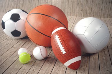 3D render spor topları ahşap backgorund. Spor topları kümesi. Elbiseler ve donatım gibi ABD futbol, basketbol, beyzbol, tenis, golf topu için takım ve bireysel eğlence için oynamak ve sağlığını geliştirmek