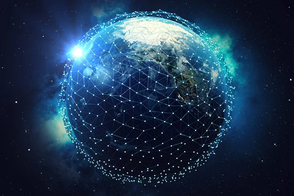 3D rendering Network and data exchange over planet earth in space. Connection lines Around Earth Globe. Blue Sunrise. Global International Connectivity, Elements of this image furnished by NASA