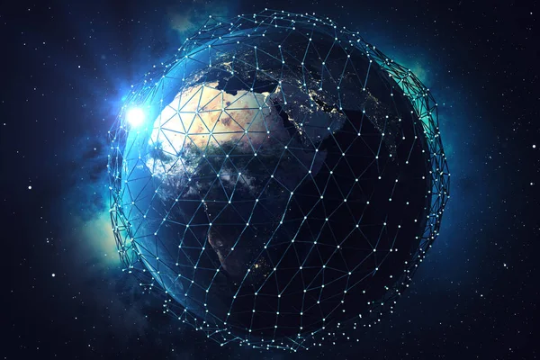 在空间行星地球上渲染网络和数据交换 地球周围的连接线 蓝色日出 全球国际连通性 美国宇航局提供的这一形象的元素 — 图库照片