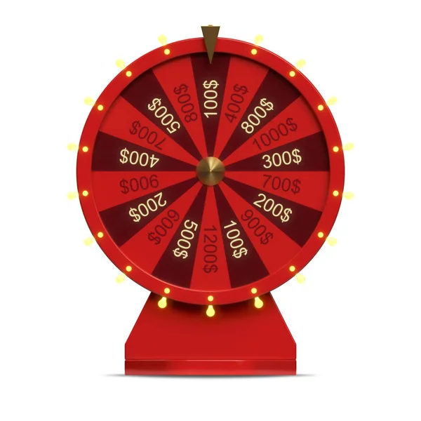 3d illustration red wheel of luck or fortune. Realistic spinning fortune wheel. Wheel fortune isolated on white background