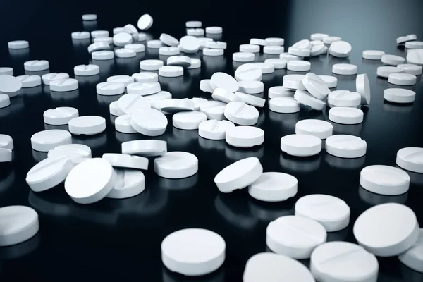 Vykreslování Pilulky Roztroušených Černém Pozadí Bílé Pilulky Léčivé Přípravky Pro — Stock fotografie