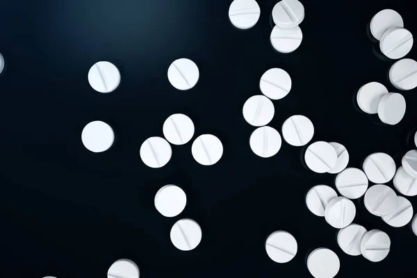 渲染丸 白丸散落在黑色背景上 治疗药物 药物制剂 医疗产品 — 图库照片