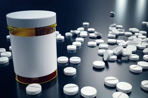 Jar Renderização Para Pílulas Pílulas Brancas Espalhadas Superfície Medicamentos Para — Fotografia de Stock
