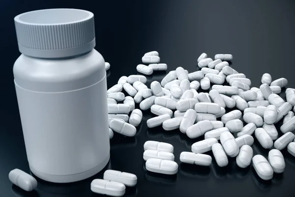 Rendering Jar Pills White Pills Scattered Surface Medicines Treatment Pharmaceutical — Stock Photo, Image