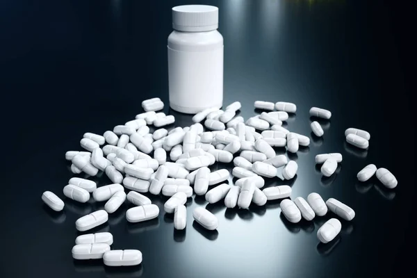 Renderowania Jar Pigułki Białe Tabletki Rozrzucone Powierzchni Leki Stosowane Leczeniu — Zdjęcie stockowe