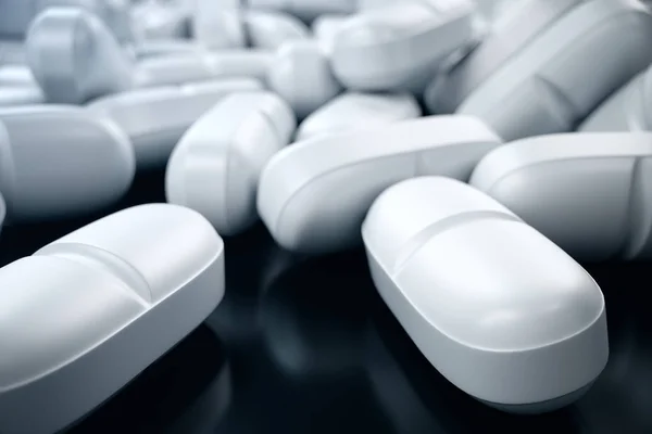 Таблетки Білі Таблетки Розкидані Чорному Тлі Ліки Лікування Фармацевтична Підготовка — стокове фото