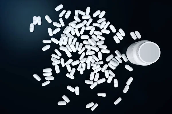 Renderowania Pigułki Białe Tabletki Rozrzucone Czarnym Tle Leki Stosowane Leczeniu — Zdjęcie stockowe