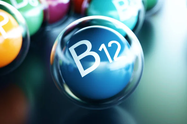 Vitamin B12 Auf Schwarzem Hintergrund Symbol Für Gesundheit Und Langlebigkeit — Stockfoto