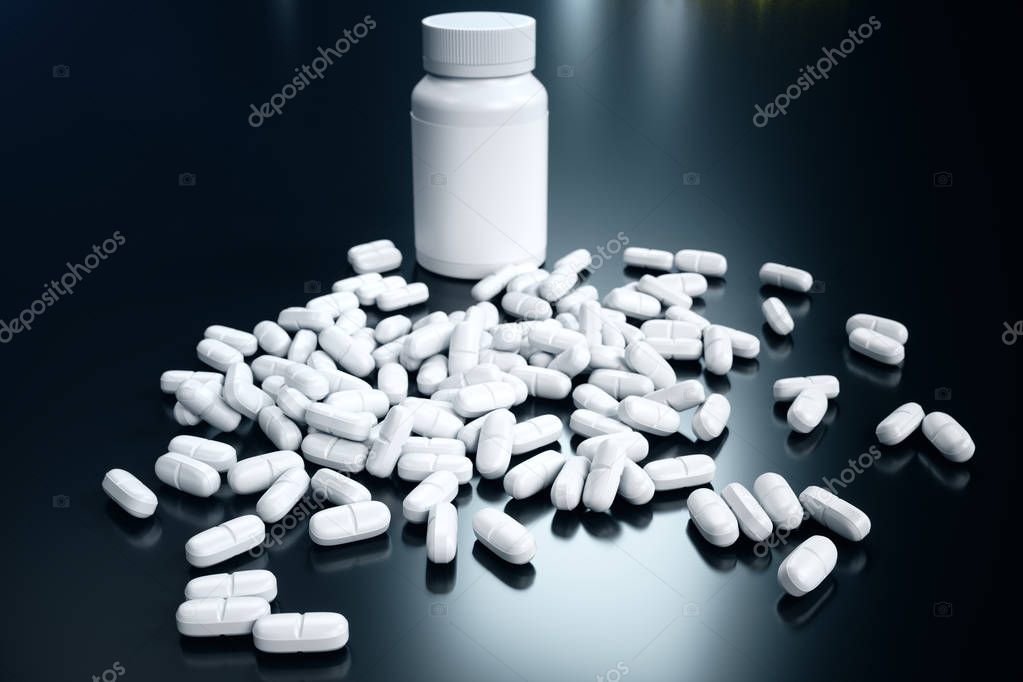 3D rendering Jar for pills, white pills scattered on the surface. Medicines for treatment. Pharmaceutical preparation. Medical product