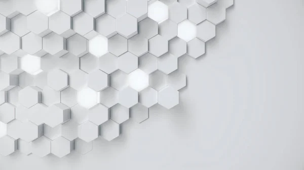 White geometric hexagonal abstract background. Surface polygon pattern with glowing hexagons, hexagonal honeycomb. Abstract white self-luminous hexagons. Futuristic abstract background 3D Illustration — Stock Photo, Image