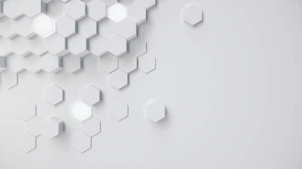 White geometric hexagonal abstract background. Surface polygon pattern with glowing hexagons, hexagonal honeycomb. Abstract white self-luminous hexagons. Futuristic abstract background 3D Illustration