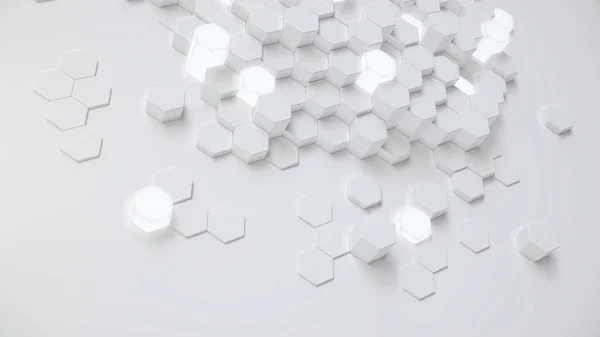 Białe geometryczne sześciokątne abstrakcyjne tło. Wzór wielokąta powierzchniowego z świecącymi sześciokątami, sześciokątny plaster miodu. Abstrakcyjne białe sześciokąty. Futurystyczne abstrakcyjne tło 3d Ilustracja — Zdjęcie stockowe