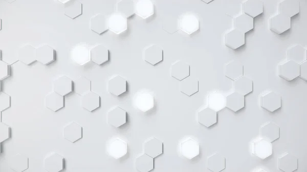 Fondo abstracto hexagonal geométrico blanco. Patrón de polígono de superficie con hexágonos brillantes, panal hexagonal. Hexagones autoluminosos blancos abstractos. Fondo abstracto futurista Ilustración 3D — Foto de Stock