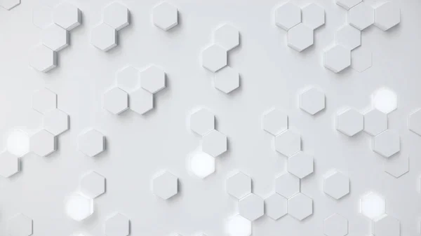 Fondo abstracto hexagonal geométrico blanco. Patrón de polígono de superficie con hexágonos brillantes, panal hexagonal. Hexagones autoluminosos blancos abstractos. Fondo abstracto futurista Ilustración 3D — Foto de Stock