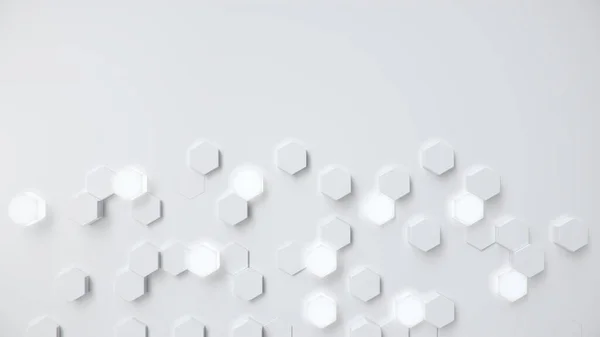 Bílé geometrické šestiúhelníkové abstraktní pozadí. Povrchový polygonový vzor se zářícími šestiúhelníky, šestihranný voštinový plát. Abstraktní bílé samonosné šestiúhelníky. Futuristické abstraktní pozadí 3D ilustrace — Stock fotografie