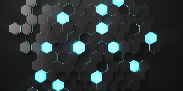 Fond abstrait hexagonal géométrique noir. Motif polygone de surface avec hexagones bleus lumineux, nid d'abeille. hexagones auto-lumineux bleus abstraits. Fond abstrait futuriste Illustration 3D — Photo
