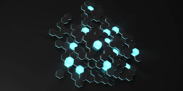 Sfondo geometrico nero esagonale astratto. Modello di poligono di superficie con esagoni blu incandescenti, nido d'ape. Esagoni astratti blu auto-luminosi. Futuristico sfondo astratto Illustrazione 3D — Foto Stock