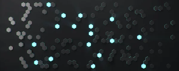 Fundo abstracto hexagonal geométrico preto. Padrão de polígono de superfície com hexágonos brilhantes azuis, favo de mel. Abstrato hexágonos azuis auto-luminosos. Futurista abstrato fundo ilustração 3D — Fotografia de Stock