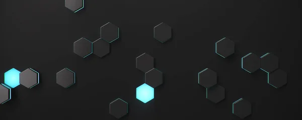 Fond abstrait hexagonal géométrique noir. Motif polygone de surface avec hexagones bleus lumineux, nid d'abeille. hexagones auto-lumineux bleus abstraits. Fond abstrait futuriste Illustration 3D — Photo