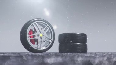 Kar fırtınası, kar yağışı ve kaygan kış yolunda kış lastikleri. Kış yorgunluğu konsepti. Konsept lastikler, kış yürüyüşü. Tekerlek değiştirme. Yol güvenliği, kar yağışı ile 3D görüntü