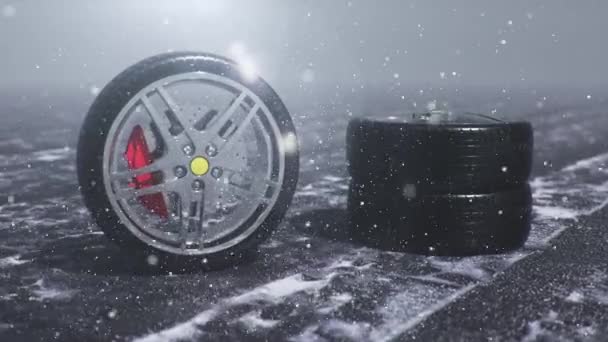 눈보라 눈보라 미끄러운 도로를 배경으로 타이어 타이어 컨셉트 타이어 트레드 — 비디오