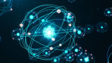 3D Çizim Atom Yapısı. Atom, kimyasal elementleri oluşturan maddenin en küçük seviyesidir. Parlayan enerji topları. Nükleer reaksiyon. Nanoteknoloji kavramı. Nötronlar ve protonlar - çekirdek