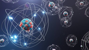 3D Çizim Atom Yapısı. Atom, kimyasal elementleri oluşturan maddenin en küçük seviyesidir. Parlayan enerji topları. Nükleer reaksiyon. Nanoteknoloji kavramı. Nötronlar ve protonlar - çekirdek