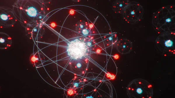 3Dイラスト原子構造 アトムは化学元素を形成する物質の中で最小のレベルである エネルギーボールを育てる 核反応だ概念ナノテクノロジー中性子と陽子 原子核 — ストック写真