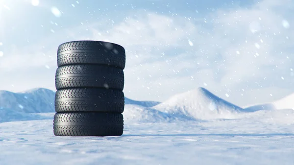 冬天的轮胎在暴风雪 降雪和滑的冬季道路的背景下 冬季轮胎的概念 概念轮胎 冬季胎面 道路安全 3D图解与降雪 — 图库照片