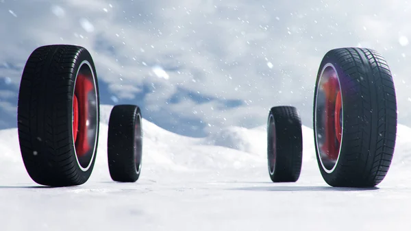 滑りやすい冬の道を背景に冬のタイヤ 冬用タイヤのコンセプト コンセプトタイヤ冬のトレッド車輪の交換雪の降る道路の安全性 3Dイラスト — ストック写真
