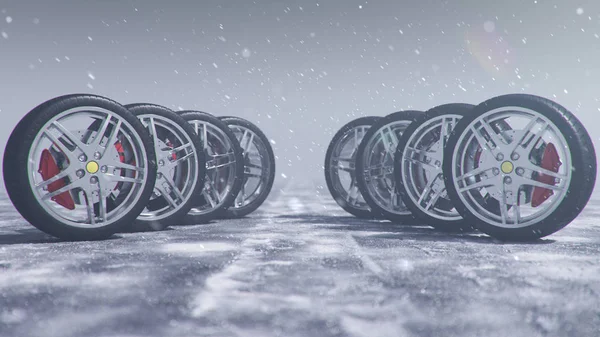 三维图解冬季轮胎在降雪的背景下的暴风雪 降雪和滑的冬季道路 冬季轮胎的概念 概念轮胎 冬季胎面 道路安全 — 图库照片