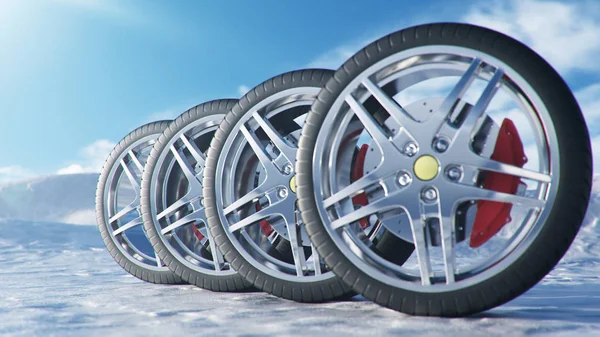 3d illustration winter tires on a background and slippery winter road. Winter tires concept. Concept tyres, winter tread. Wheel replacement. Road safety