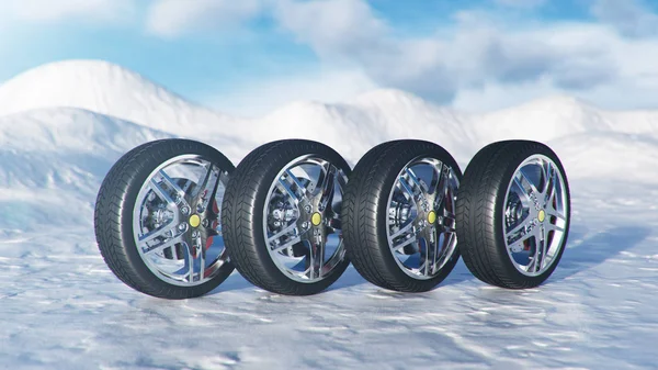 三维图解背景上的冬季轮胎和滑的冬季道路 冬季轮胎的概念 概念轮胎 冬季胎面 道路安全 — 图库照片