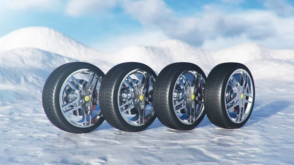 3d illustration winter tires on a background and slippery winter road. Winter tires concept. Concept tyres, winter tread. Wheel replacement. Road safety — Stock Image Illustration Winter Tires Background Slippery Winter Road Winter Tires Concept Royalty Free Stock Photos