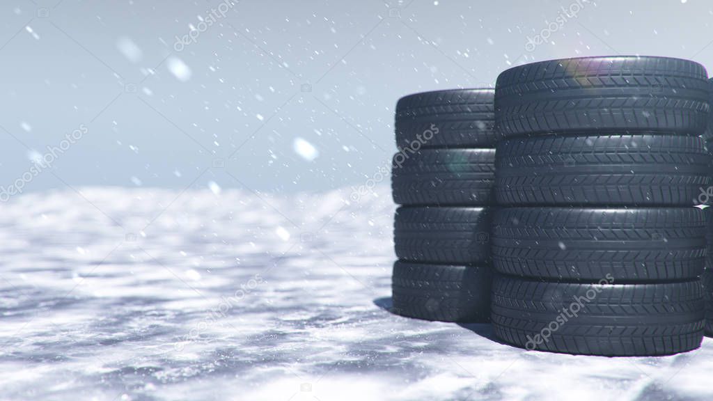 Winter tires on a background of snowstorm, snowfall and slippery winter road. Winter tires concept. Concept tyres, winter tread. Wheel replacement. Road safety, 3d illustration with falling snow