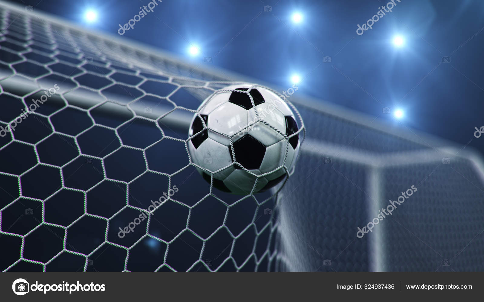 Soccer Ball Flew Into The Goal Soccer Ball Bends The Net Against The Background Of Flashes Soccer Ball Flew Into The Goal Soccer Ball Bends The Net Against The Background Of Flashes