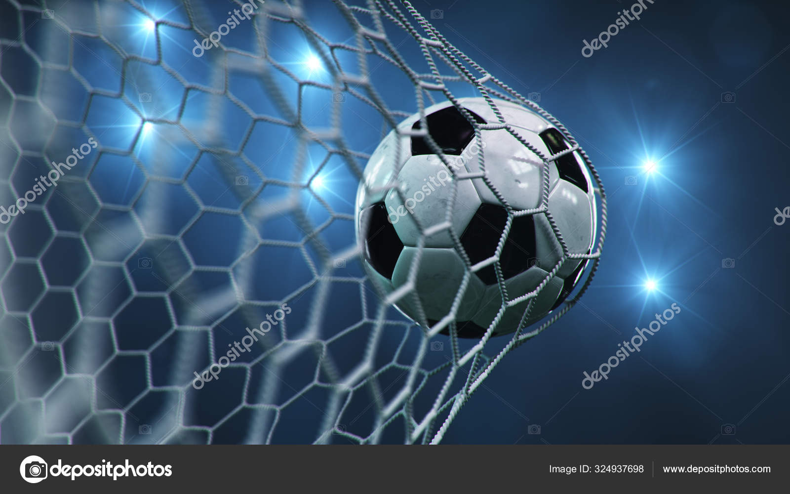 Soccer Ball Flew Into The Goal Soccer Ball Bends The Net Against The Background Of Flashes Of Light Soccer Ball In Goal Net On Blue Background A Moment Of Delight 3d Illustration