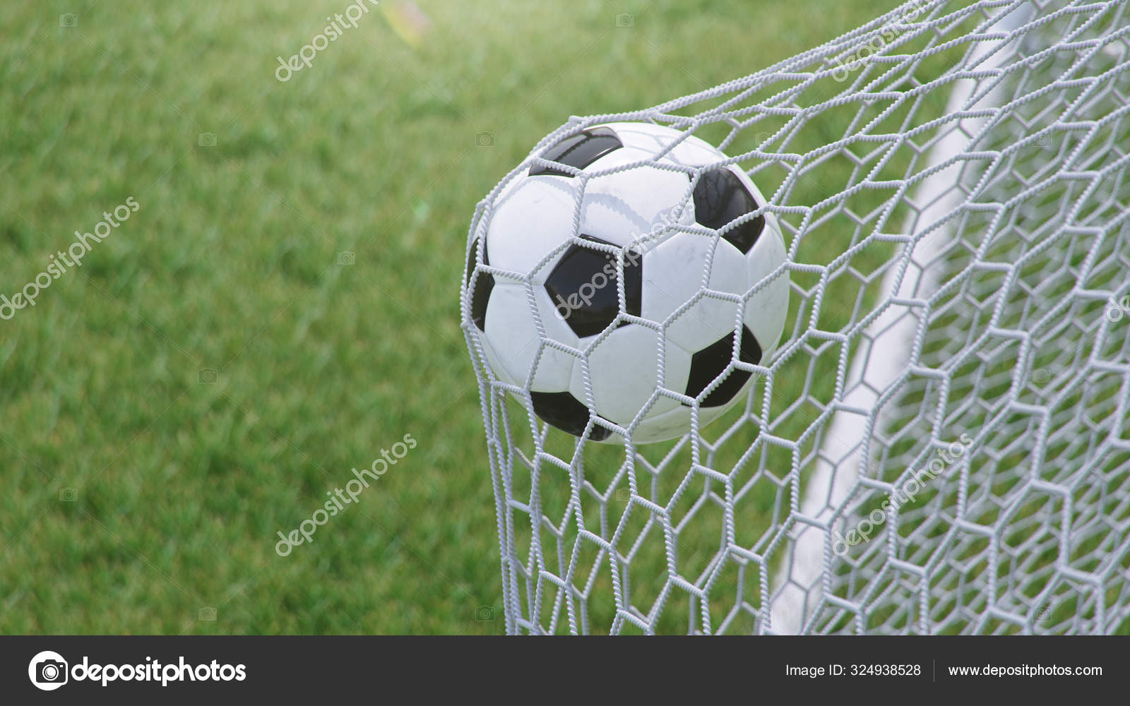 3d Illustration Soccer Ball Flew Into The Goal Soccer Ball Bends The Net Against The Background Of Grass Soccer Ball In Goal Net On Grass Background A Moment Of Delight Stock Photo