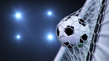 Futbol topu kaleye uçtu. Futbol topu ağı büker, arka planda parlayan ışıklara karşı. Mavi arka planda gol ağındaki futbol topu. Zevk anı. 3d illüstrasyon