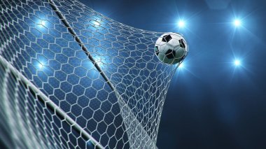 Futbol topu kaleye uçtu. Futbol topu ağı büker, arka planda parlayan ışıklara karşı. Mavi arka planda gol ağındaki futbol topu. Zevk anı. 3d illüstrasyon