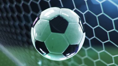 Futbol topu kaleye uçtu. Futbol topu ağı büker, arka planda parlayan ışıklara karşı. Mavi arka planda gol ağındaki futbol topu. Zevk anı. 3d illüstrasyon