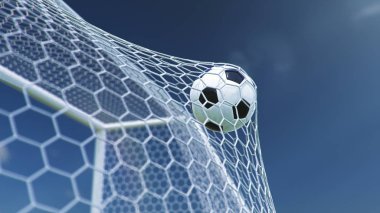 3D illüstrasyon futbol topu kaleye uçtu. Futbol topu ağı büker, mavi gökyüzünün arka planına karşı. Gökyüzü arka planında gol ağındaki futbol topu. Zevk anı.
